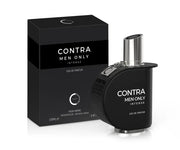A black bottle of Camara Perfumes Contra Men Only Intense 100ml EDP, a captivating fragrance for men, is displayed alongside its matching black box, both featuring white text and the Camara Perfumes branding.