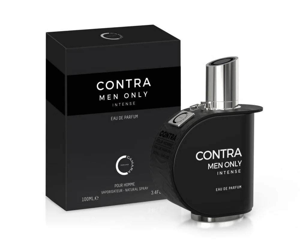 A black bottle of Camara Perfumes Contra Men Only Intense 100ml EDP, a captivating fragrance for men, is displayed alongside its matching black box, both featuring white text and the Camara Perfumes branding.