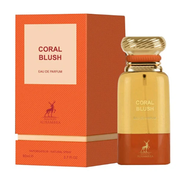 The Maison Alhambra Coral Blush 80ml Eau De Parfum comes in an elegantly designed orange box and glass bottle with a gold cap, both showcasing the distinguished Alhambra brand name, offering a timeless unisex fragrance.