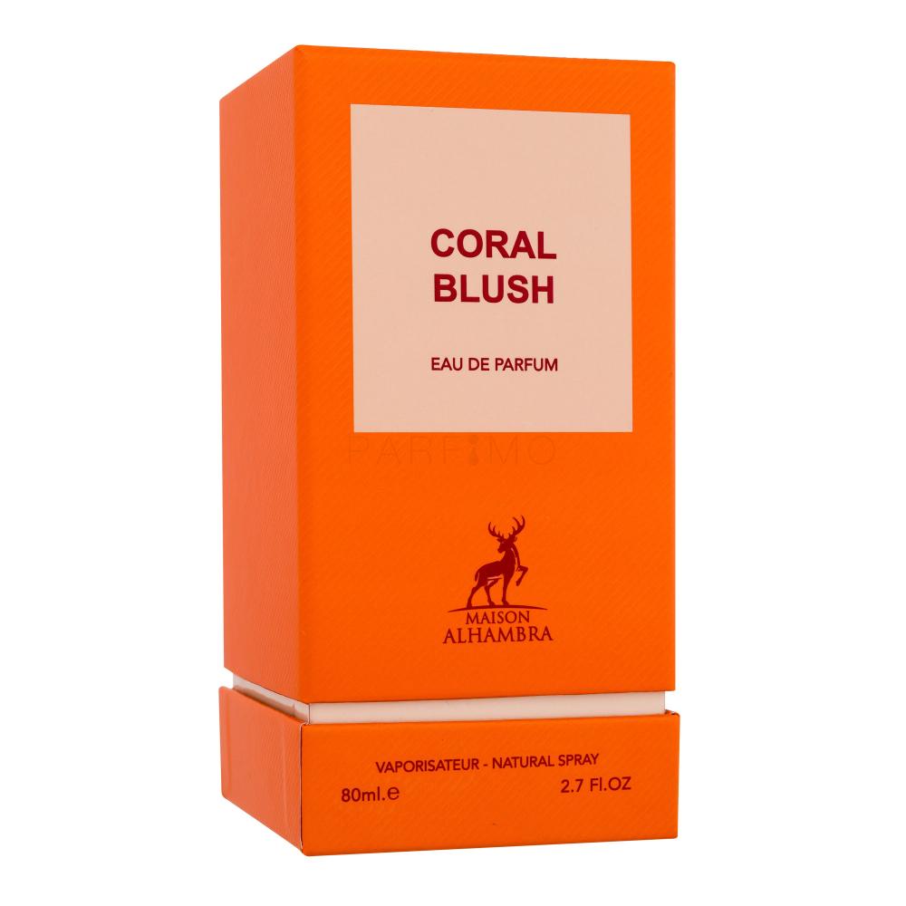 The Maison Alhambra Coral Blush 80ml Eau De Parfum features a minimalist orange box and offers a captivating scent for both men and women, ideal for fans of understated elegance.
