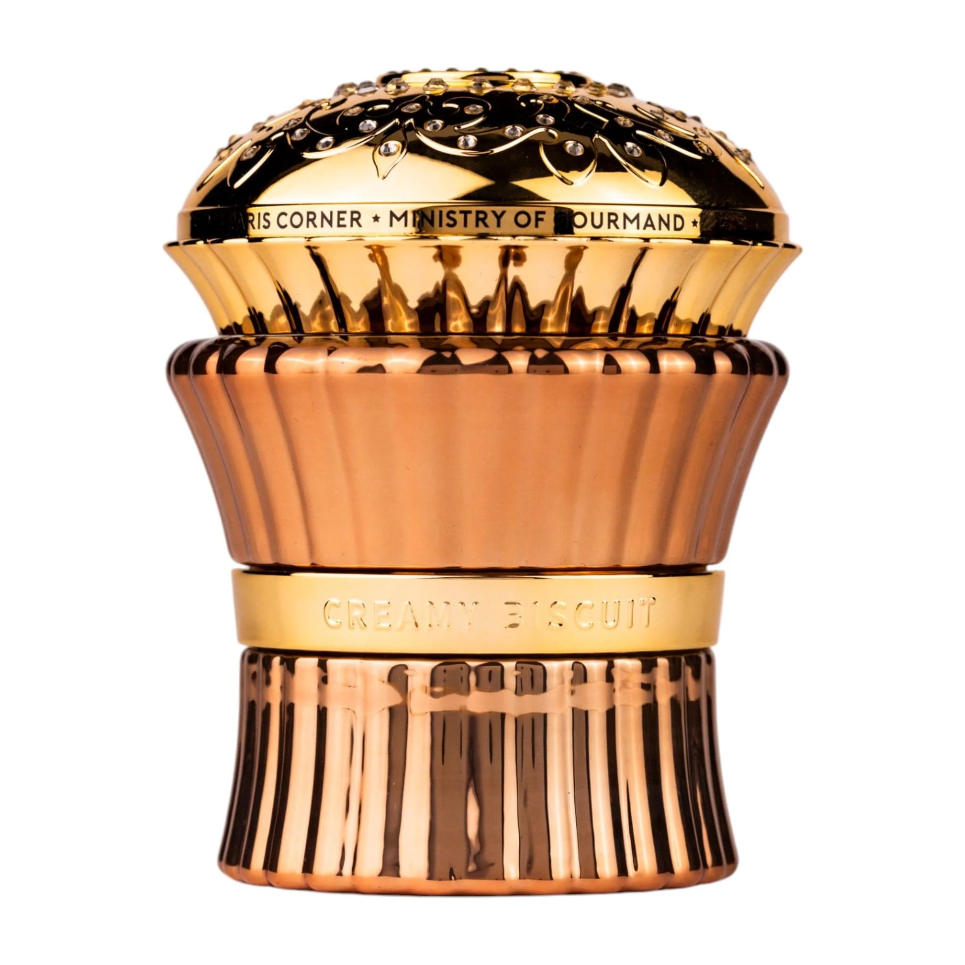 The Paris Corner Ministry of Gourmand Creamy Biscuit 100ml EDP features a gold and bronze jar with a floral lid, inspired by the signature creamy biscuit scent—a delectable gourmand fragrance by Paris Corner.