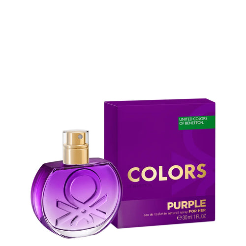 A bottle of Benetton's Colors de Benetton Woman Purple 80ml Eau De Toilette, next to its packaging.