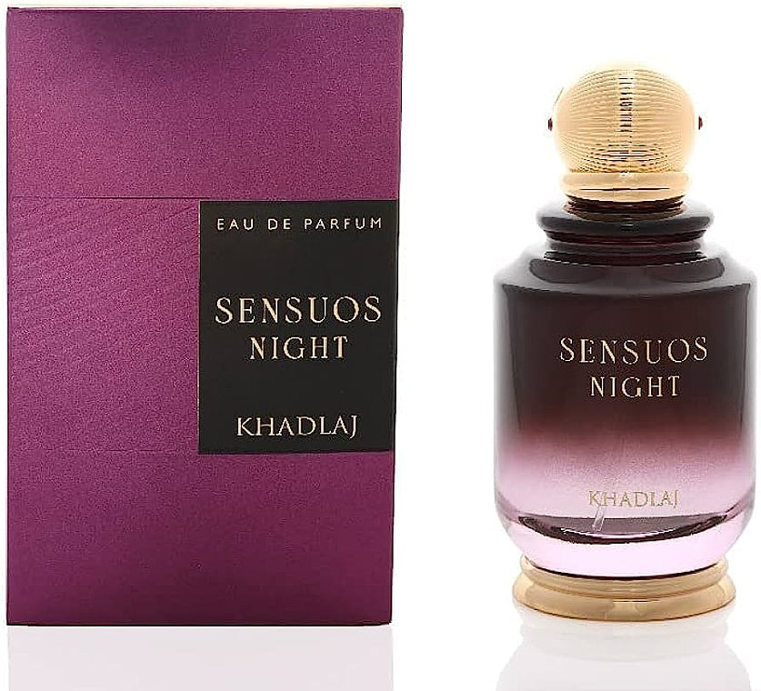 A 100ml bottle of Khadlaj Sensuous Night sits beside its purple and black box, showcasing this captivating unisex fragrance from Khadlaj.
