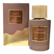A 100ml bottle and box of Paris Corner Date Caramel Eau De Parfum, both brown with gold accents, display the Paris Corner brand and unisex fragrance name.