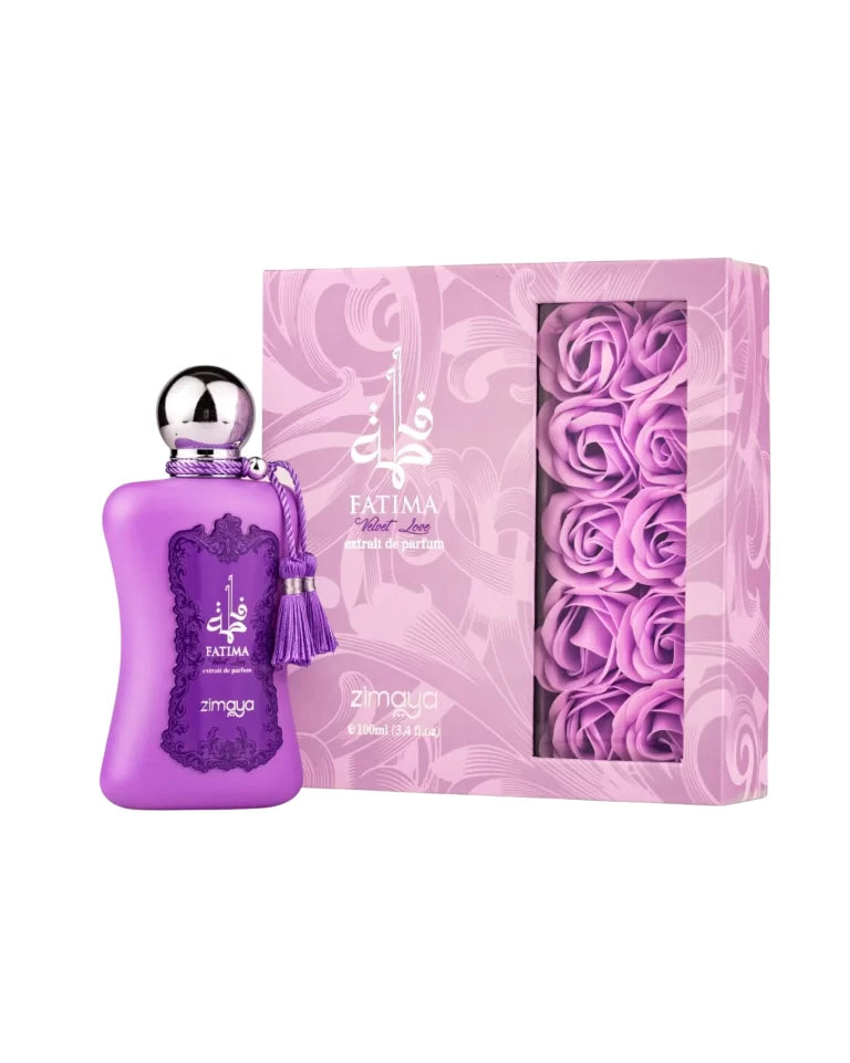 Zimaya Fatima Velvet Love 100ml EDP features a purple bottle with a silver cap and tassel, displayed beside a box of purple roses—an ideal choice for fans of floral fruity fragrances.