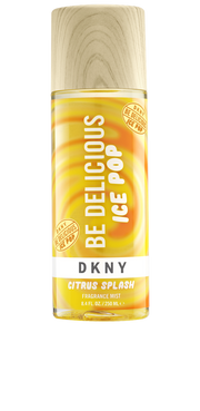 A 250ml DKNY Be Delicious Ice Pop Citrus Splash fragrance mist with a cylindrical bottle, yellow and orange design, and a wood-textured cap.
