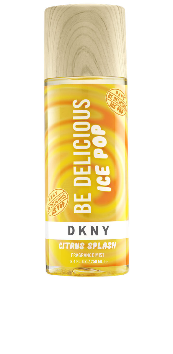 A 250ml DKNY Be Delicious Ice Pop Citrus Splash fragrance mist with a cylindrical bottle, yellow and orange design, and a wood-textured cap.