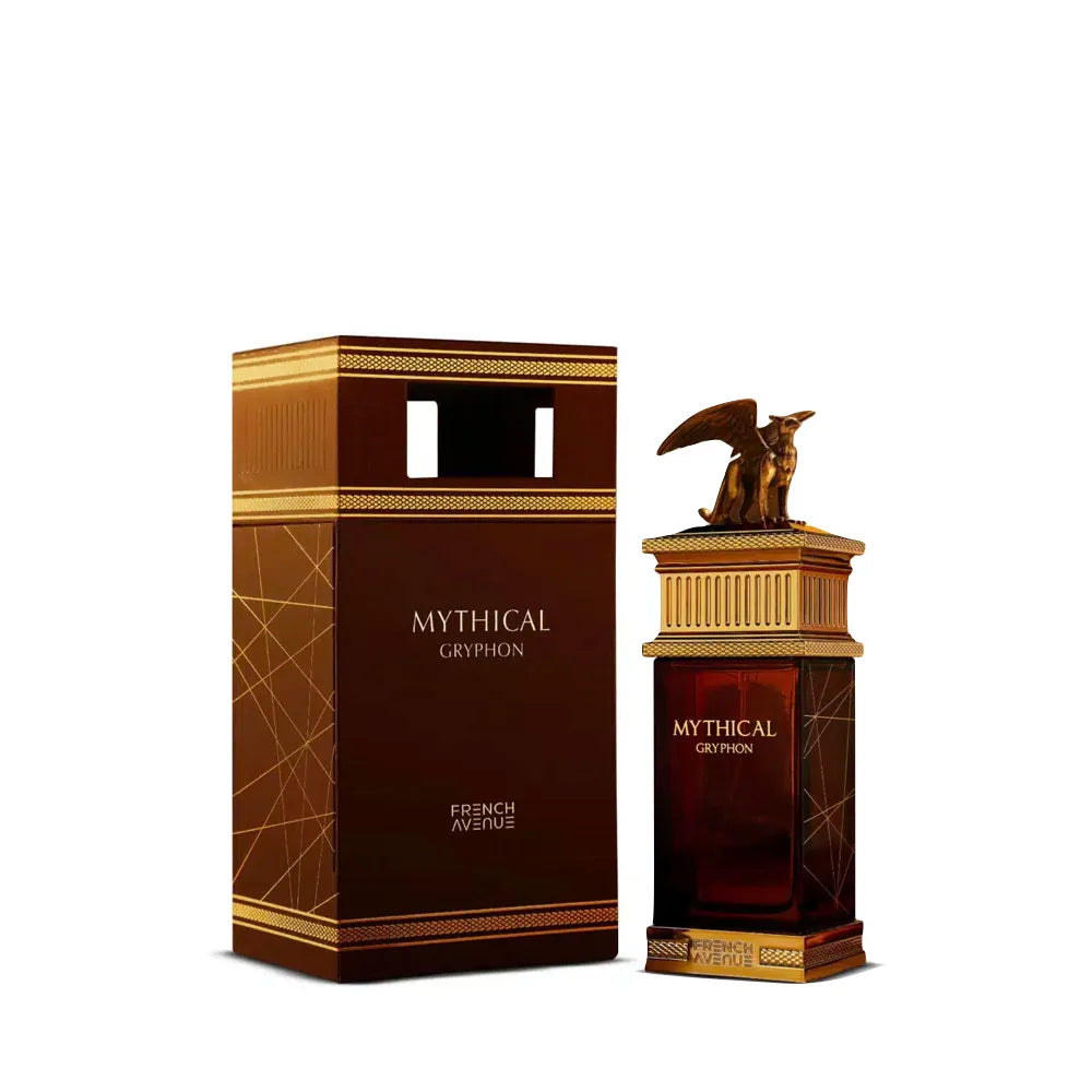 A French Avenue Mythic Gryphon 100ml EDP perfume bottle, adorned with a gold gryphon cap, is showcased beside its coordinating brown and gold box, embodying the allure of a luxurious men’s scent. This Oriental Spicy Eau De Parfum by French Avenue makes an unforgettable statement in any fragrance collection.