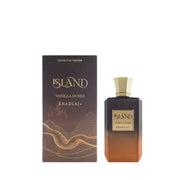 A bottle of Khadlaj Island Vanilla Dunes 100ml Extrait de Parfum stands beside its gold and brown gradient box, offering a luxurious scent for both men and women.