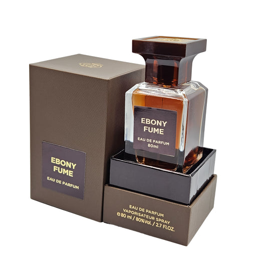 Bottle of "Fragrance World Ebony Fume" eau de parfum beside its packaging box.