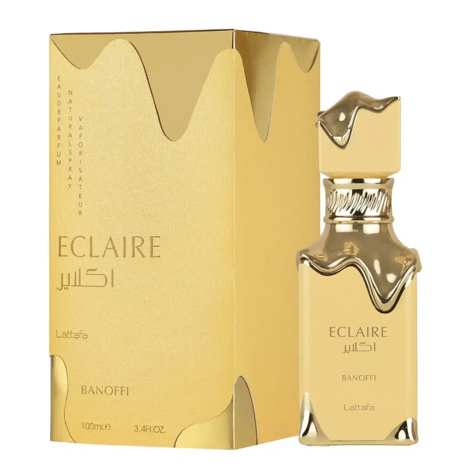 The Lattafa Eclaire Banoffee 100ml Eau De Parfum by Lattafa is shown in a gold-colored bottle with a matching wave-designed gold box, both highlighting its gourmand scent and 100ml size.