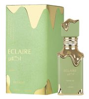 Lattafa Eclaire Pistache100ml EDP by Lattafa comes in a green and gold box with matching bottle, featuring English and Arabic text—a delicious pistachio-scented gourmand fragrance.