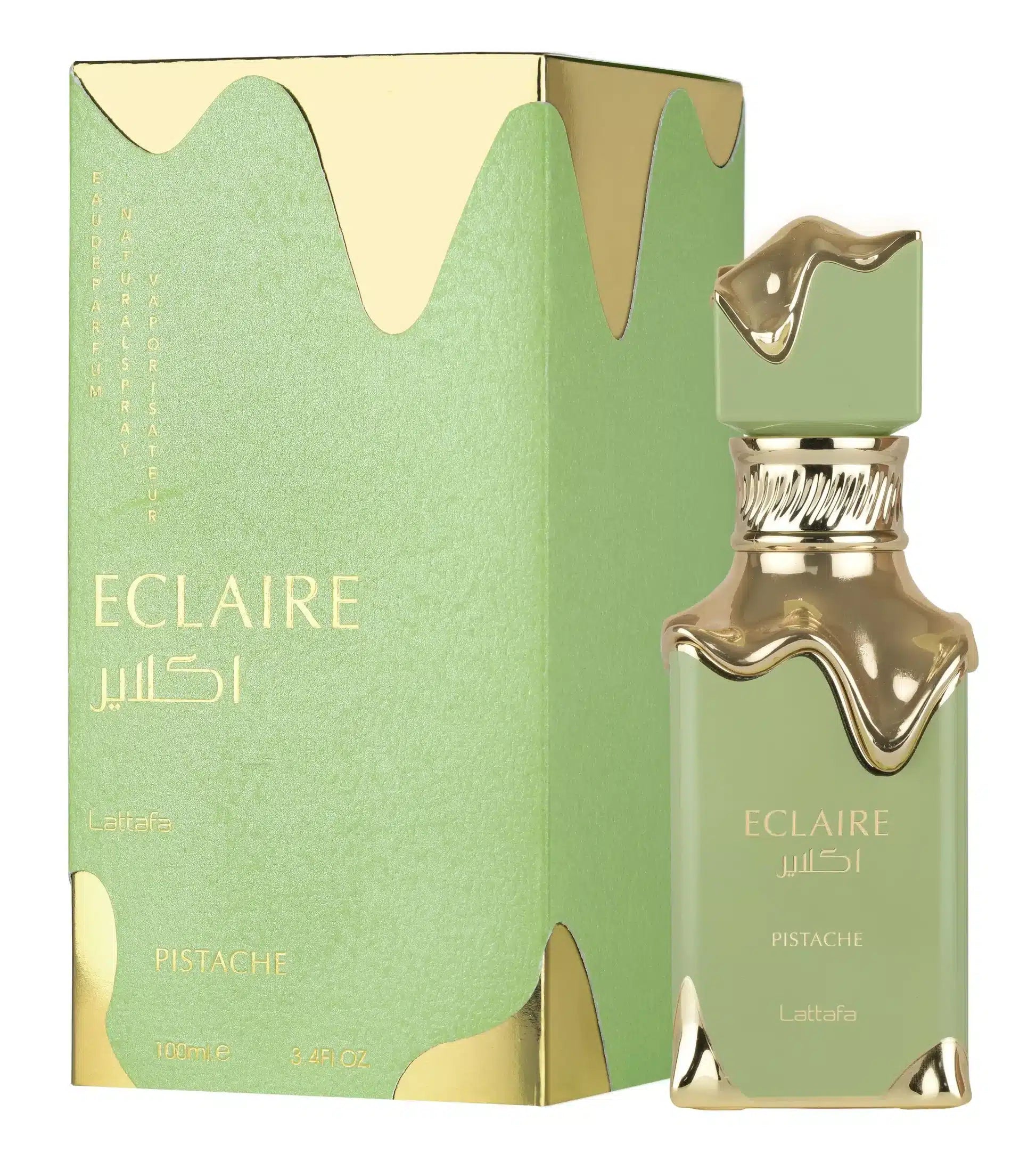 Lattafa Eclaire Pistache100ml EDP by Lattafa comes in a green and gold box with matching bottle, featuring English and Arabic text—a delicious pistachio-scented gourmand fragrance.