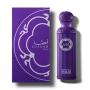 The Gissah Voila 200ml Eau De Parfum by Gissah features a purple bottle with an ornate cap, paired with a matching purple and silver box, offering a luxurious unisex fragrance.