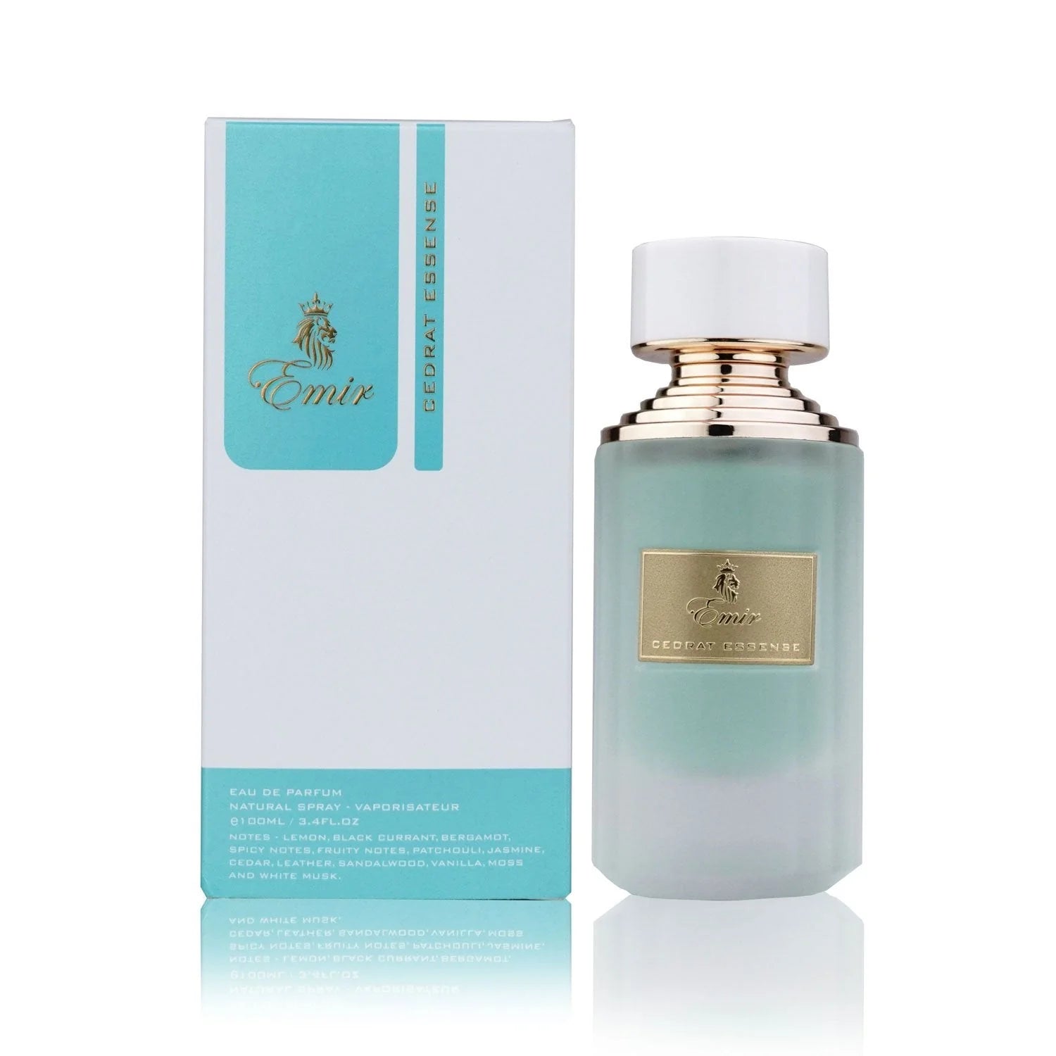 Paris Corner Emir Cedrat Essense 100ml Eau De Parfum sits beside its matching white and teal box with gold accents—a refined unisex fragrance from Paris Corner.