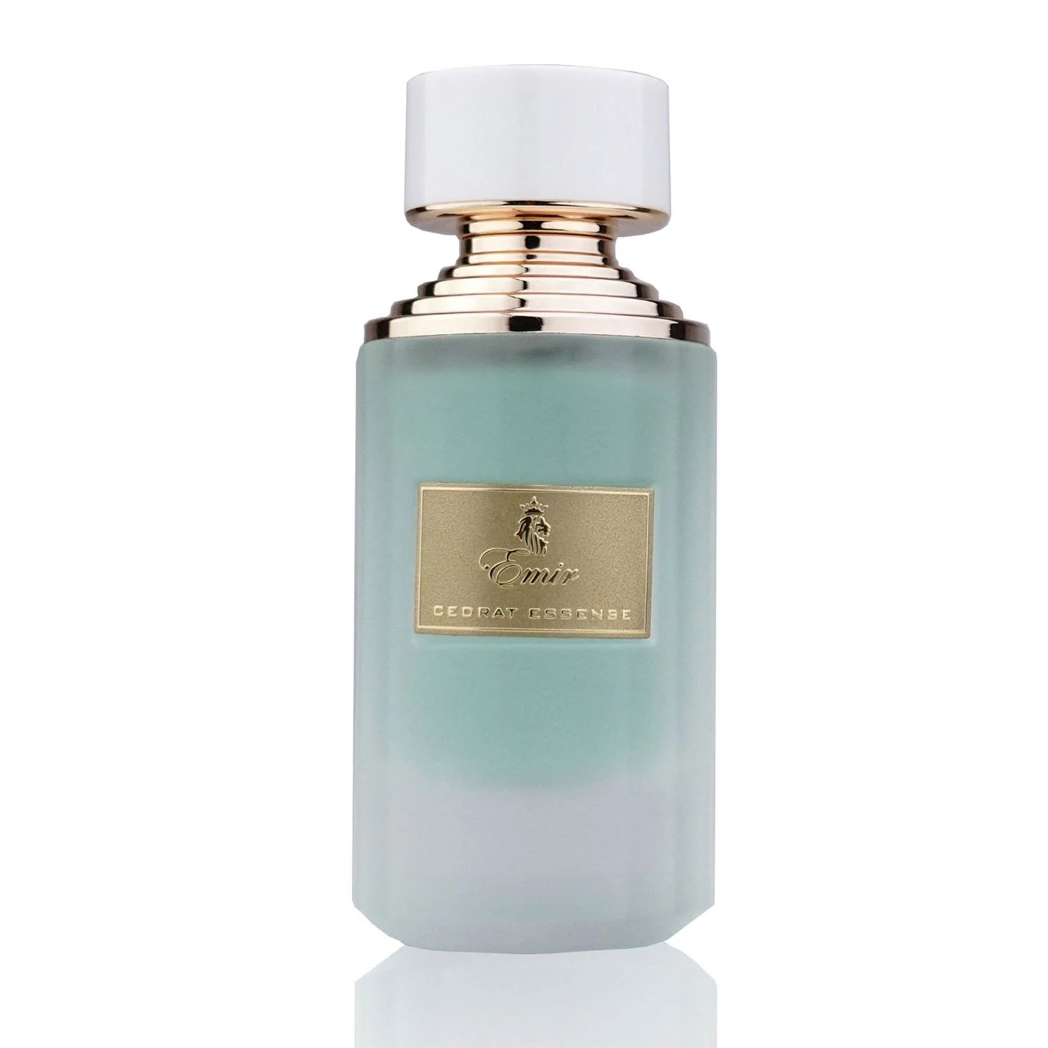 Paris Corner Emir Cedrat Essense 100ml Eau De Parfum is a unisex fragrance in a frosted light blue bottle with a gold label, gold neck, and white cap.