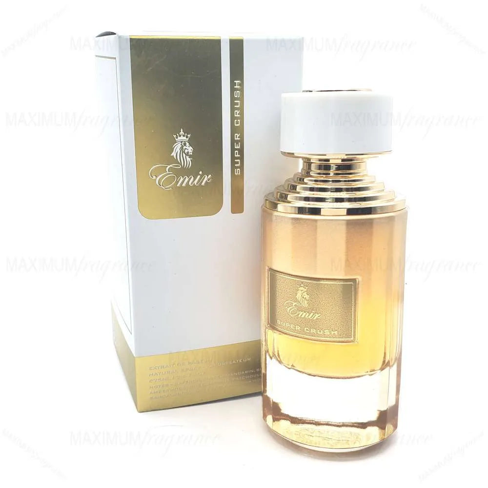 A gold and clear bottle of Paris Corner Emir Super Crush 100ml Eau De Parfum stands before its matching white and gold box, highlighting this elegant unisex fragrance from Paris Corner.