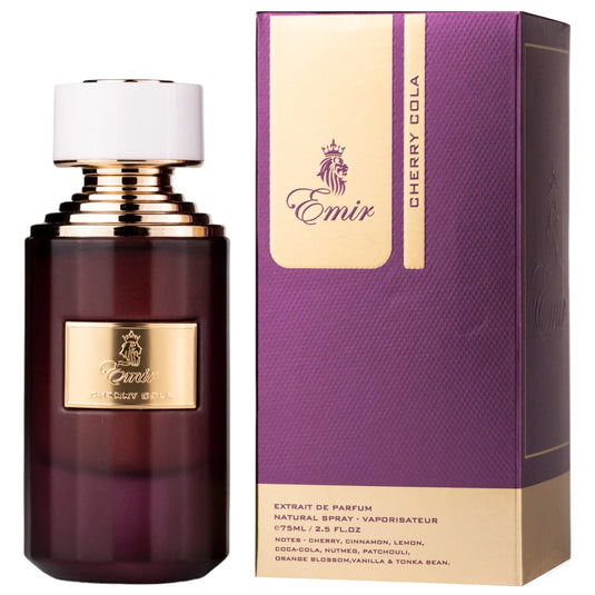 Bottle of "Emir Cherry Cola 75ml Eau De Parfum" fragrance extrait de parfum next to its packaging by Paris Corner.