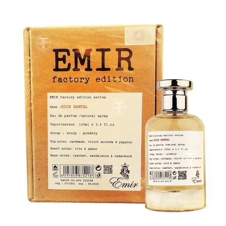 A box of "Emir Rich Santal Factory Edition Eau De Parfum" with the bottle displayed beside it, highlighting its rich and natural fragrance with woody, floral, and leather notes.