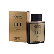 Ungaro Pour Homme lll Oud 100ml EDT perfume bottle in gold with a black cap, displayed alongside its matching rectangular box.
