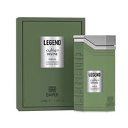 Emper Legend Divine 100ml Edp by Emper comes in a green bottle with a matching box, labeled as a concentrated natural spray. This unisex fragrance offers a sophisticated scent profile ideal for any occasion.
