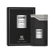 The Emper Legend Supreme 100ml Eau De Parfum by Emper is displayed in a sleek black and silver bottle beside its matching rectangular box, presenting a sophisticated fragrance suitable for both men and women.