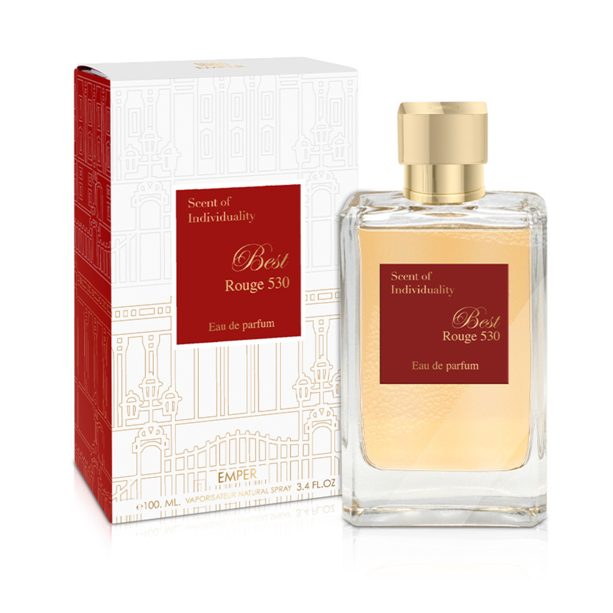 A bottle of Emper Best Rouge 530 100ml EDP stands next to its white and red packaging with gold accents, highlighting this refined fragrance by Emper for both men and women.