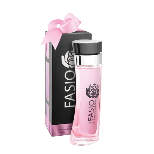 A bottle of Emper Fasio Pour Femme 100ml with a pink liquid is placed in front of its black and pink packaging box. The 100ml box features a pink ribbon on top, making it an elegant fragrance for women by Rio Perfumes.