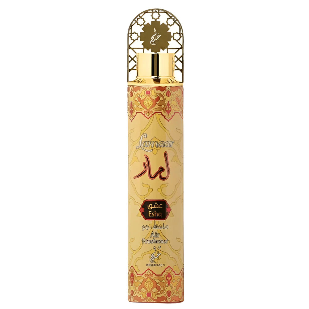 The Khadlaj Lamaar Eshq Air Freshener features a tall gold can with red and gold patterns, Arabic script, and offers a floral woody scent inspired by Khadlaj's signature fragrance.