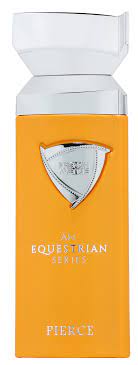 The French Avenue An Equestrian Series Pierce 100ml EDP is a unisex perfume in a rectangular orange bottle with a silver shield emblem and cap, perfect for those who appreciate sophisticated scents.