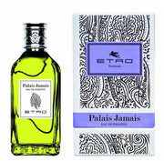 A bottle of Etro Palais Jamais 100ml EDT by Etro is displayed beside its white, black, and purple patterned box, both featuring the product name and embodying the refined character of this woody aromatic fragrance.