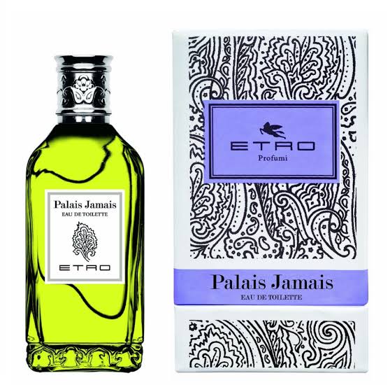 A bottle of Etro Palais Jamais 100ml EDT by Etro is displayed beside its white, black, and purple patterned box, both featuring the product name and embodying the refined character of this woody aromatic fragrance.