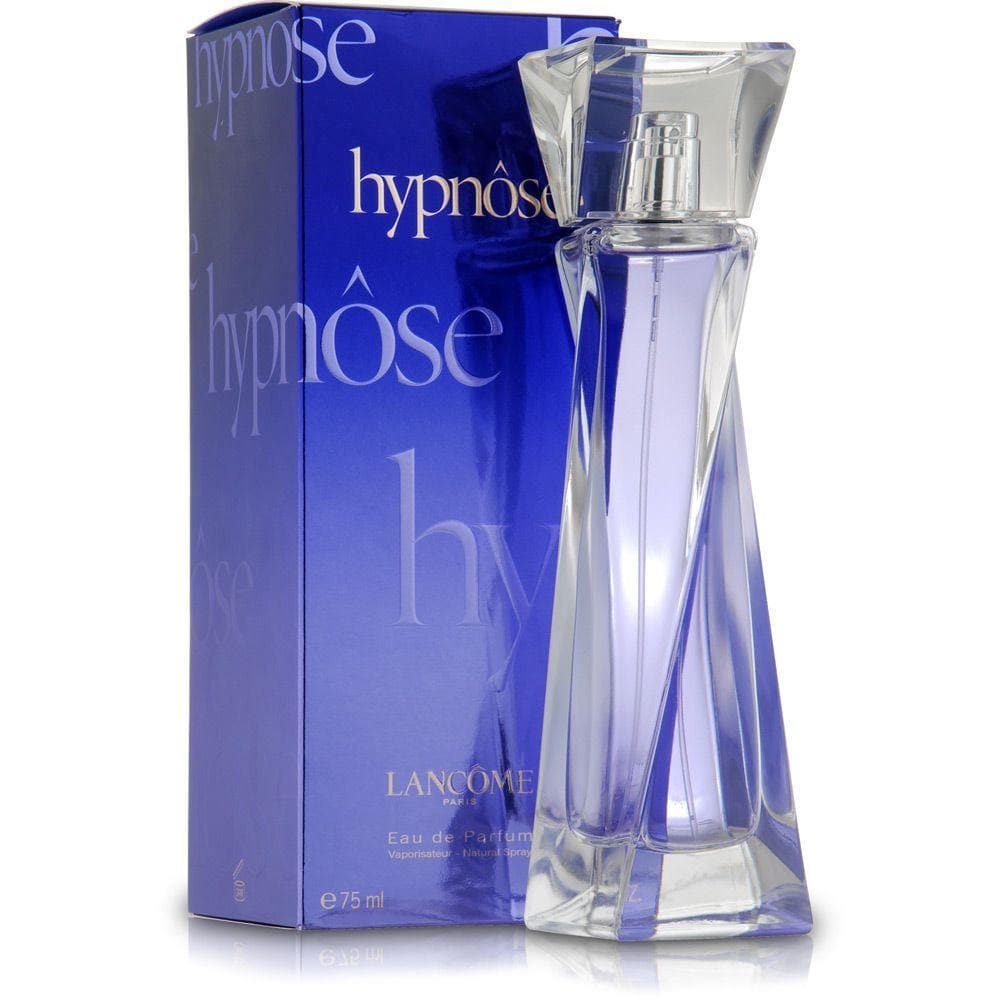 A 75ml bottle of Lancôme Hypnose Eau De Parfum is displayed beside its blue and purple box, highlighting this captivating women’s fragrance.