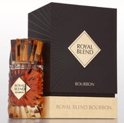 French Avenue Royal Blend Bourbon 100ml Extrait De Parfum is shown beside its geometric-patterned box and gold base, highlighting this elegant unisex fragrance by French Avenue.