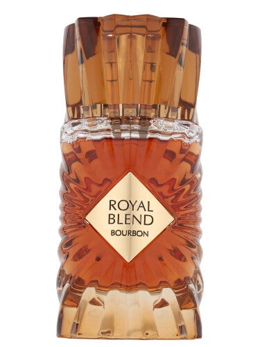 French Avenue Royal Blend Bourbon 100ml Extrait De Parfum, in a faceted amber glass bottle with a geometric gold label and cap, is a luxurious unisex fragrance.