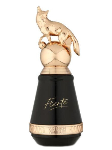 French Avenue Fierte 80ml Eau De Parfum features a black and gold bottle with a sculpted gold fox cap—an aromatic spicy fragrance for men and women.