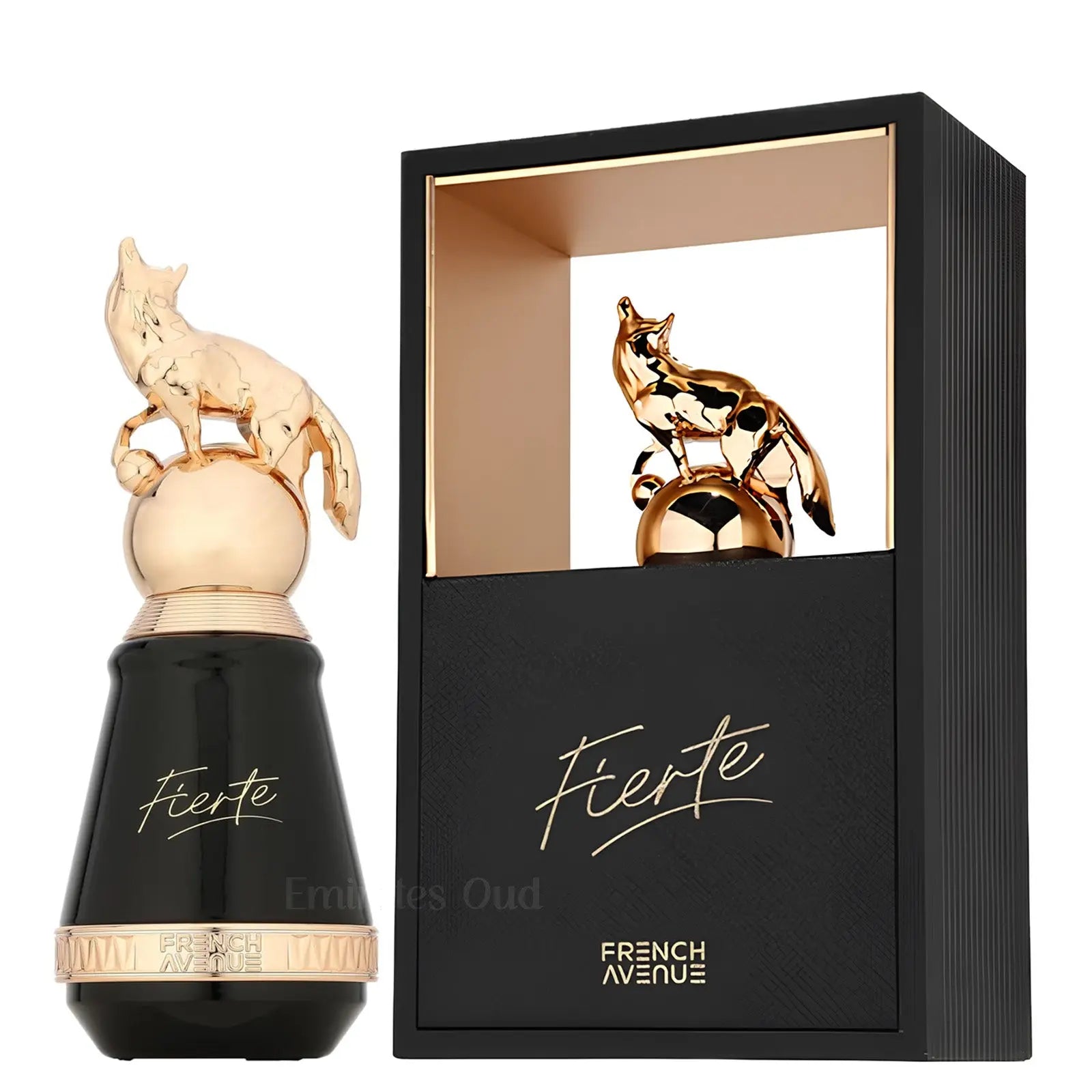 French Avenue Fierte 80ml Eau De Parfum features a black and gold bottle topped with a gold fox, beside a matching box. An aromatic spicy fragrance for men and women by French Avenue.