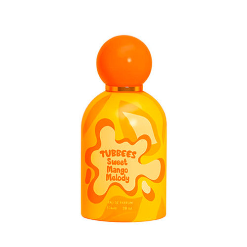 The orange bottle of Tubbies Sweet Mango Melody, a unisex perfume with a round cap and yellow, orange, and white design, captures the essence of mango.