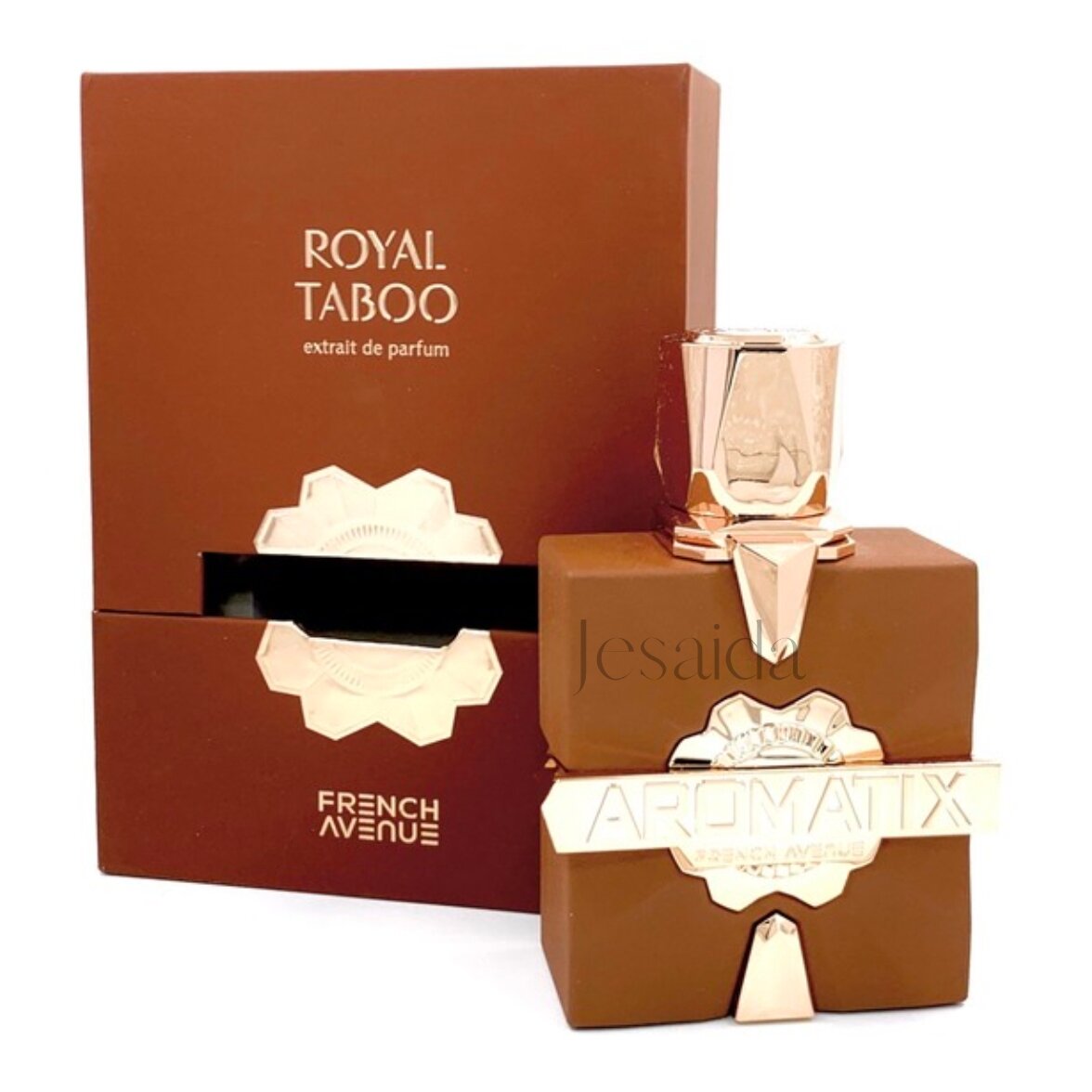 A brown and gold "French Avenue Aromatix X Royal Taboo 100ml Extrait De Parfum" bottle stands before its matching box, presenting an elegant oriental woody unisex fragrance from French Avenue.