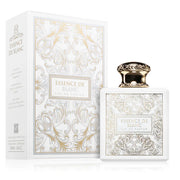 A white and gold French Avenue Essence De Blanc 100ml EDP bottle, a refined unisex fragrance by French Avenue, is displayed next to its matching decorative box.