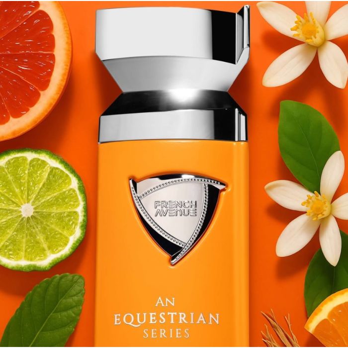 French Avenue An Equestrian Series Pierce 100ml EDP blends lime, grapefruit, green leaves, and white flowers for a fresh unisex scent. Presented on an orange background, it’s perfect for any occasion.