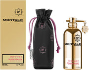 Montale Paris Intense Roses Musk 50ml Extrait de Parfum comes in a gold-finished bottle, elegantly presented with a black drawstring pouch and gold box packaging. This signature scent from Montale Paris features the brand’s renowned floral fragrance.