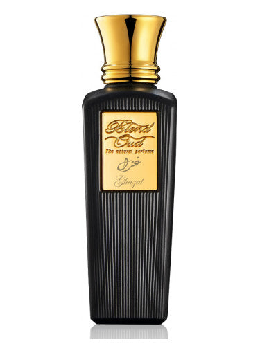 Ghazal by Blend Oud 75ml Eau de Parfum features a black, ribbed bottle with a gold cap and label, delivering an alluring oriental fragrance.