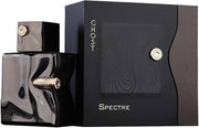 A sleek black and metallic bottle of French Avenue Spectre Ghost EDP stands beside its matching black and gold box, evoking a luxurious aura with hints of exotic spice in its fragrance by French Avenue.