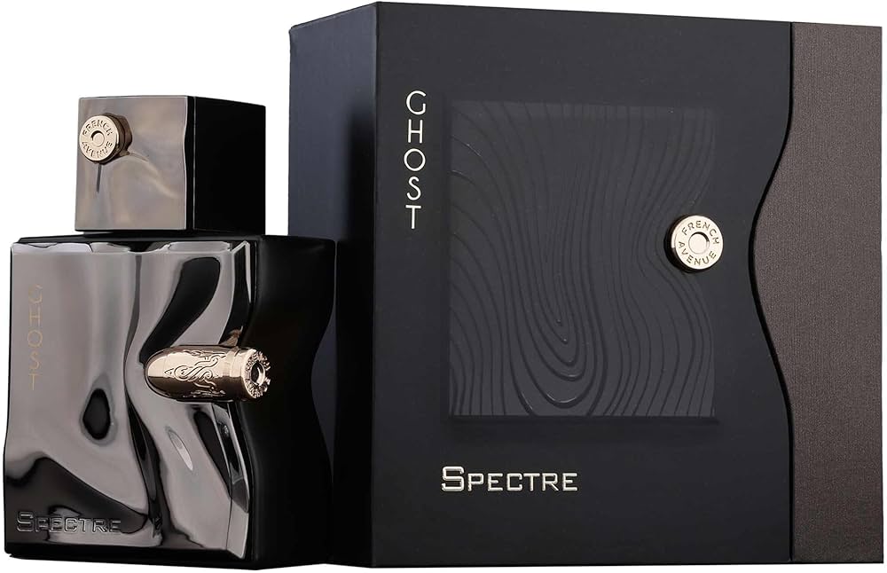 A sleek black and metallic bottle of French Avenue Spectre Ghost EDP stands beside its matching black and gold box, evoking a luxurious aura with hints of exotic spice in its fragrance by French Avenue.