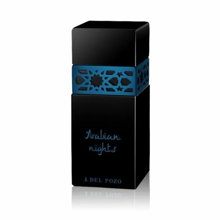 A black rectangular bottle labeled "Jesus Del Pozo Arabian Nights 100ml EDT" features blue decorative accents near the top.