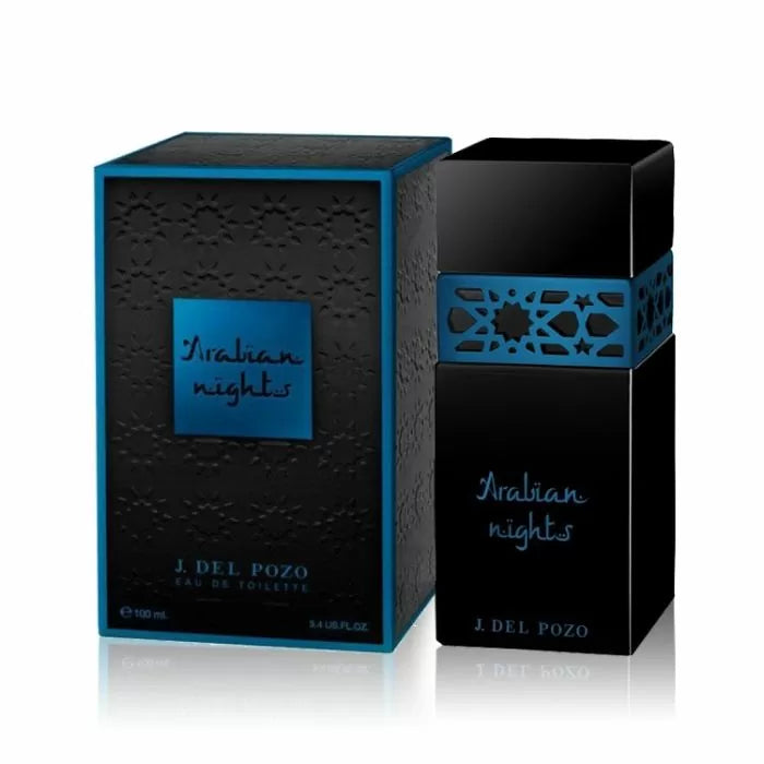 A 100ml bottle of Jesus Del Pozo Arabian Nights EDT is displayed in black and blue beside its matching decorative box.