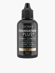 A black bottle of GOSH Foundation Plus Golden 30ml, a moisturizing foundation with SPF 15 and seaweed, features a pointed applicator. Works as both foundation and concealer for flawless coverage.