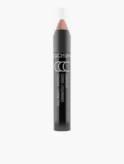 A black makeup stick labeled “GOSH Copenhagen Golden Highlighter CC Stick,” this product from GOSH features a transparent cap and a visible light brown tip—ideal for adding luminous highlights to your complexion.