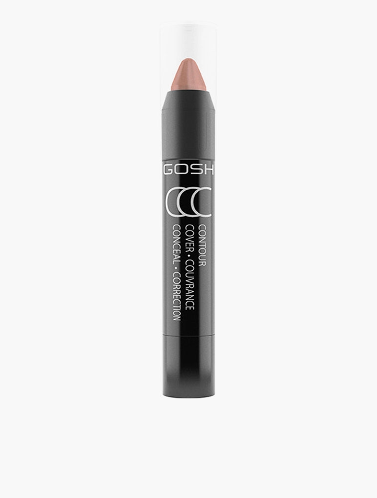 A black makeup stick labeled “GOSH Copenhagen Golden Highlighter CC Stick,” this product from GOSH features a transparent cap and a visible light brown tip—ideal for adding luminous highlights to your complexion.